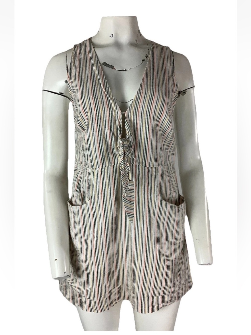 Anthro Olivaceous Sz M Cotton Linen Stripe Tie Front Mini Spring Summer Dress